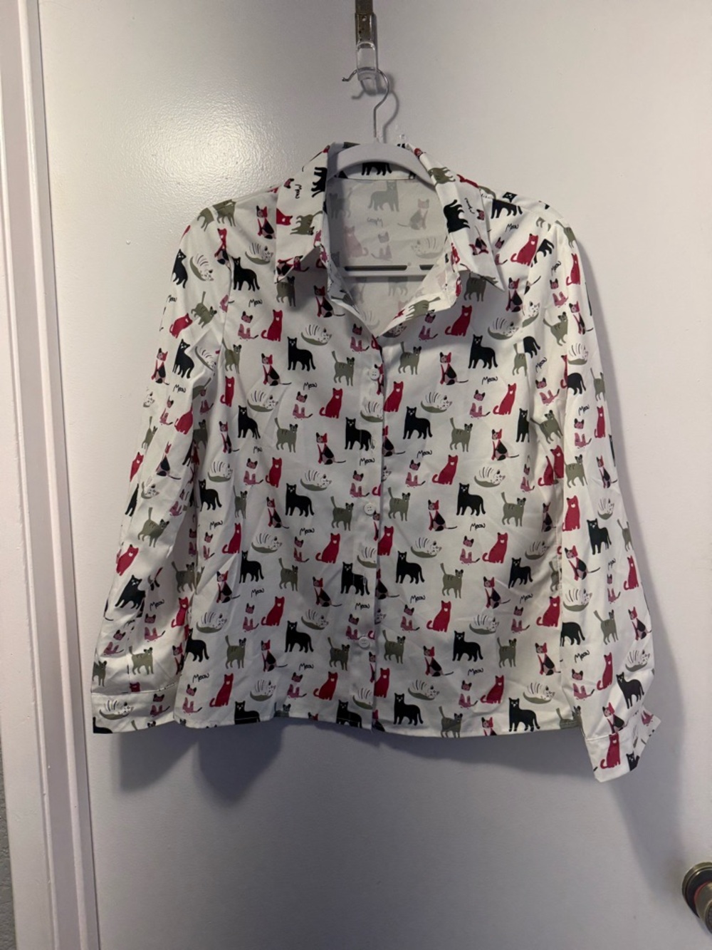 Cat Print Button-Up Shirt in White with pink, Black & gray Cats